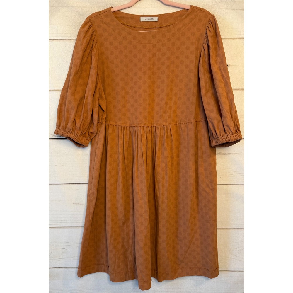 Ces Femme Rust Polka Dot Jacquard Babydoll Dress Puff Sleeve Boho Terracotta